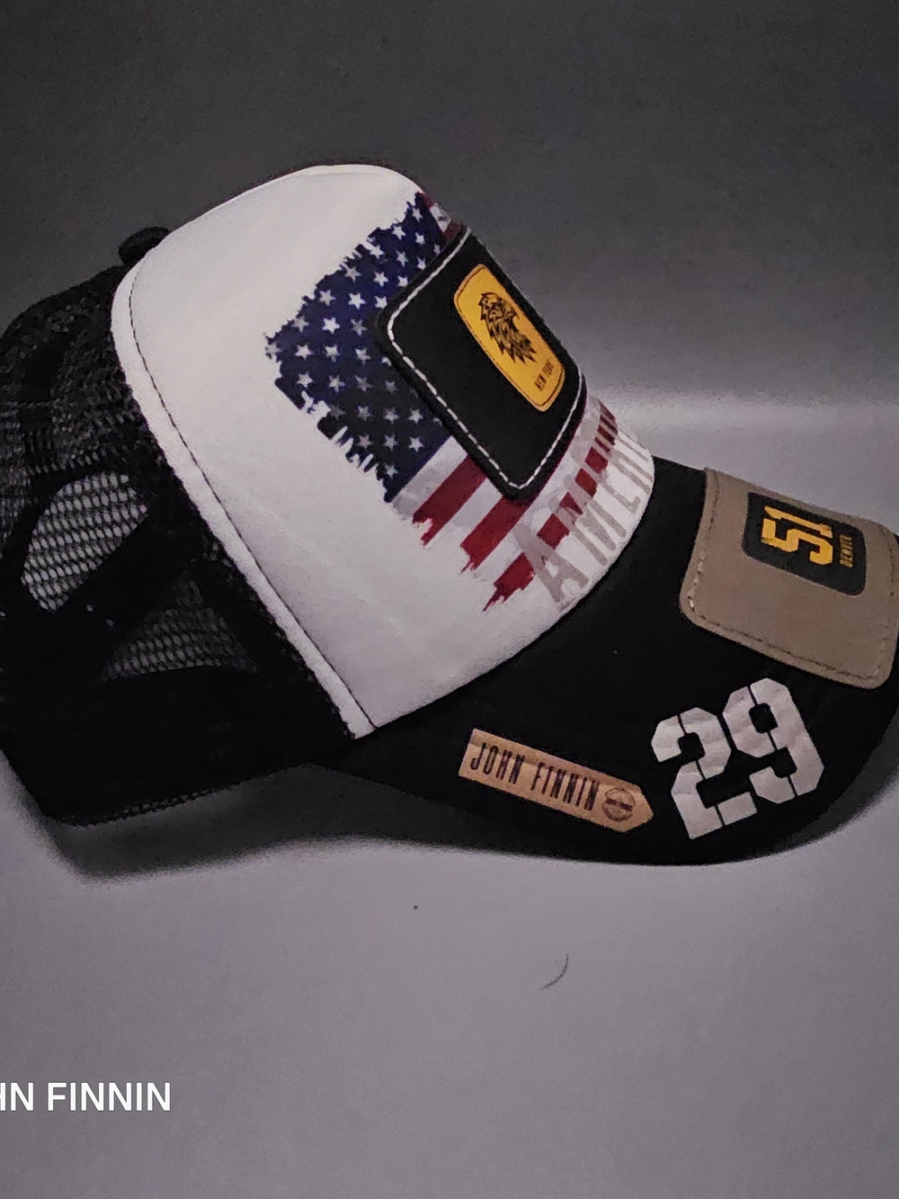 Men's Trucker Hat with American Flag Patch - Black & White